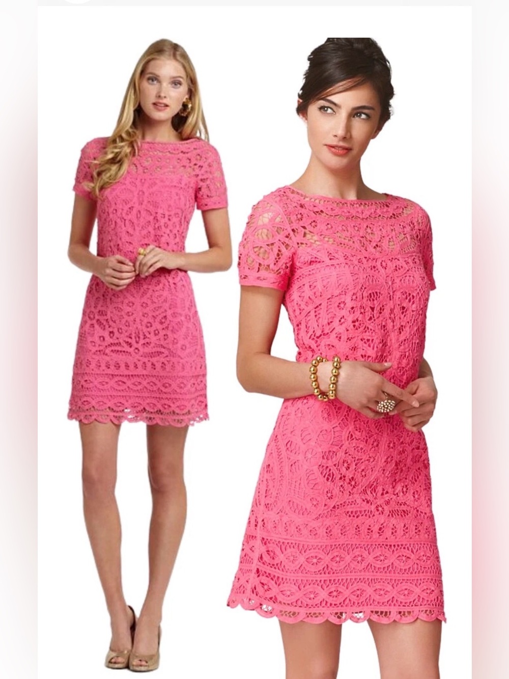 Lilly Pulitzer Marie Kate Hotty Pink Crochet Shift Dress Lace Large Coastal